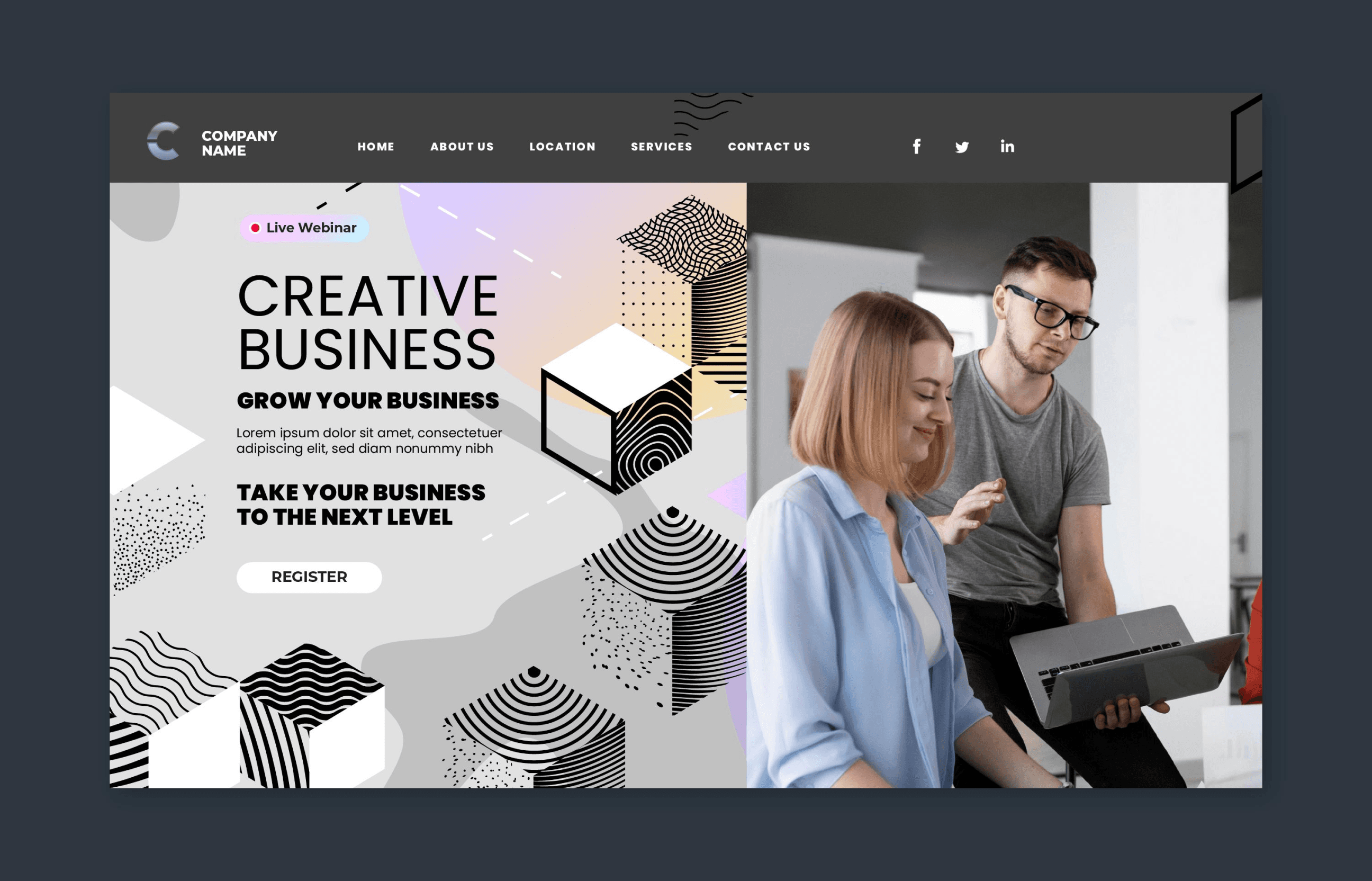 Product image of a website featuring their hero section for a creative business